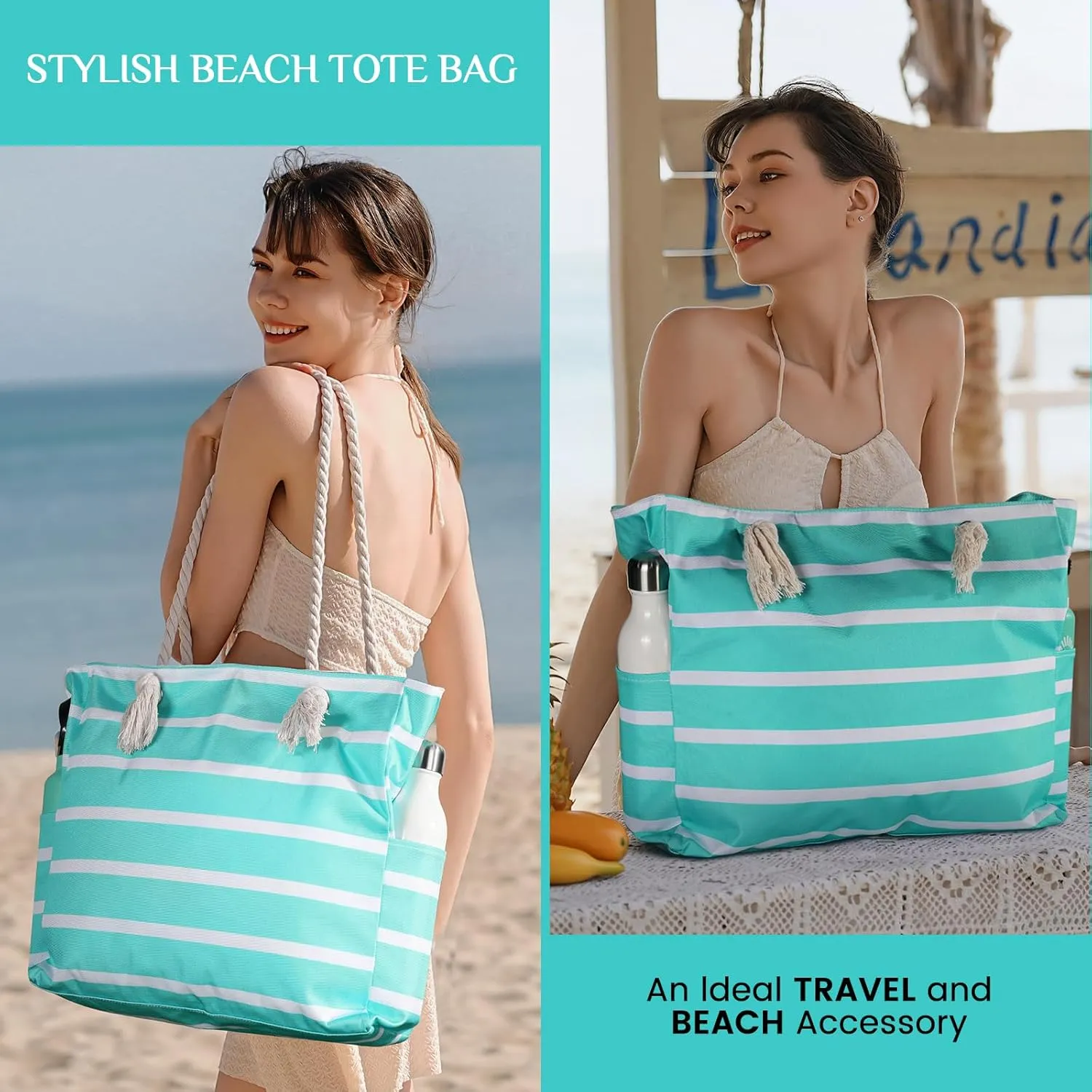 Clothirily Beach Bag for Women - Large Beach Tote Bag, Waterproof Sandproof Beach Bag with Zipper, Large Swim Pool Beach Tote