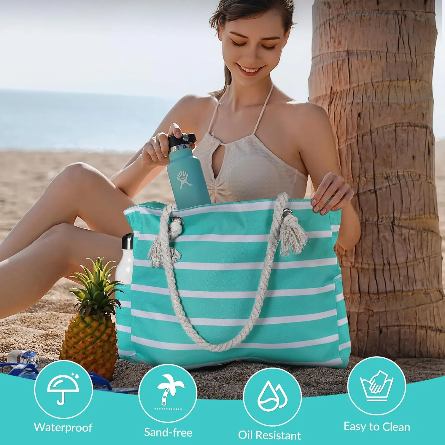 Clothirily Beach Bag for Women - Large Beach Tote Bag, Waterproof Sandproof Beach Bag with Zipper, Large Swim Pool Beach Tote