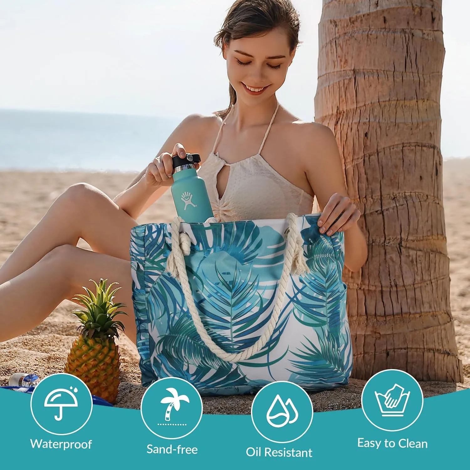 Clothirily Beach Bag for Women - Large Beach Tote Bag, Waterproof Sandproof Beach Bag with Zipper, Large Swim Pool Beach Tote