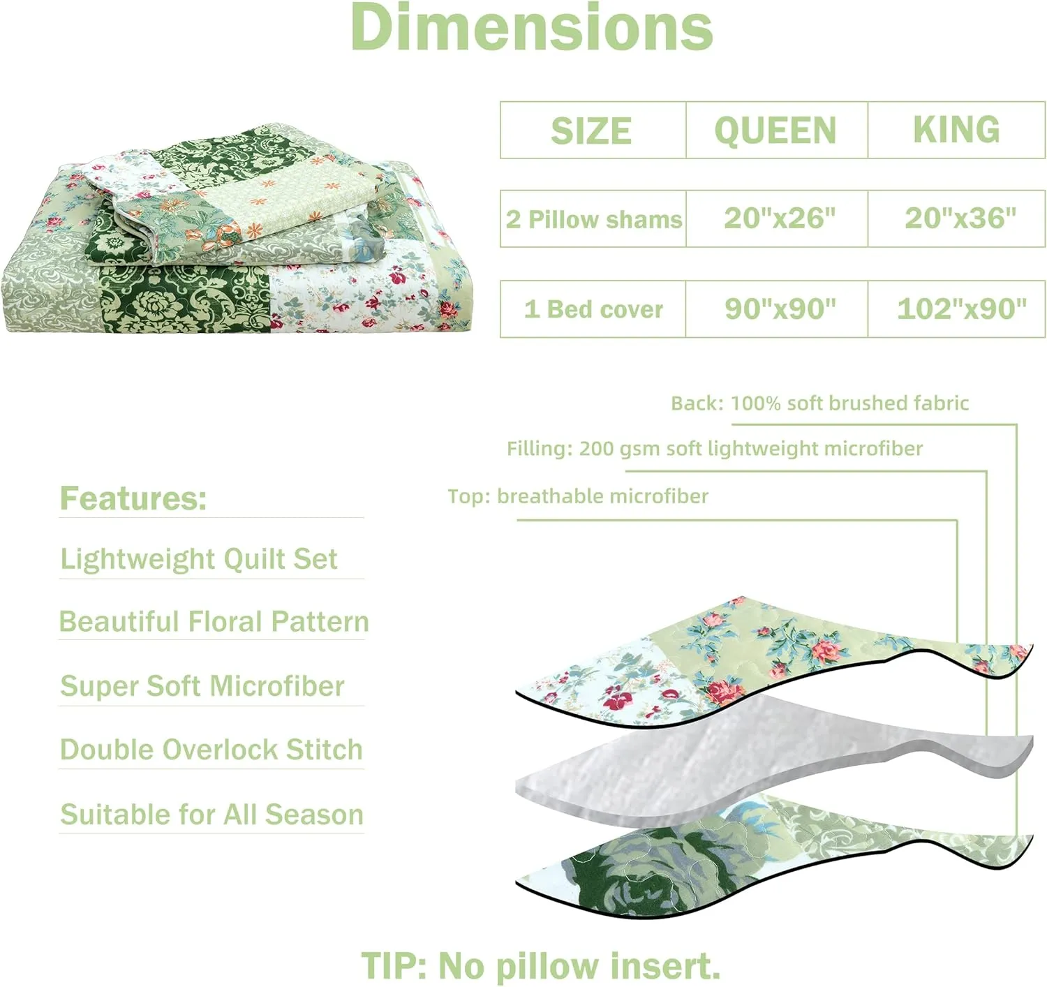 Cmfshape Summer Floral King Quilted Bedspread,Romantic Green Quilt Set King,Reversible Stitched Bedding Set All Season,Soft Lightweight Coverlet with Pillow Cases (Green&White, King102 x90)