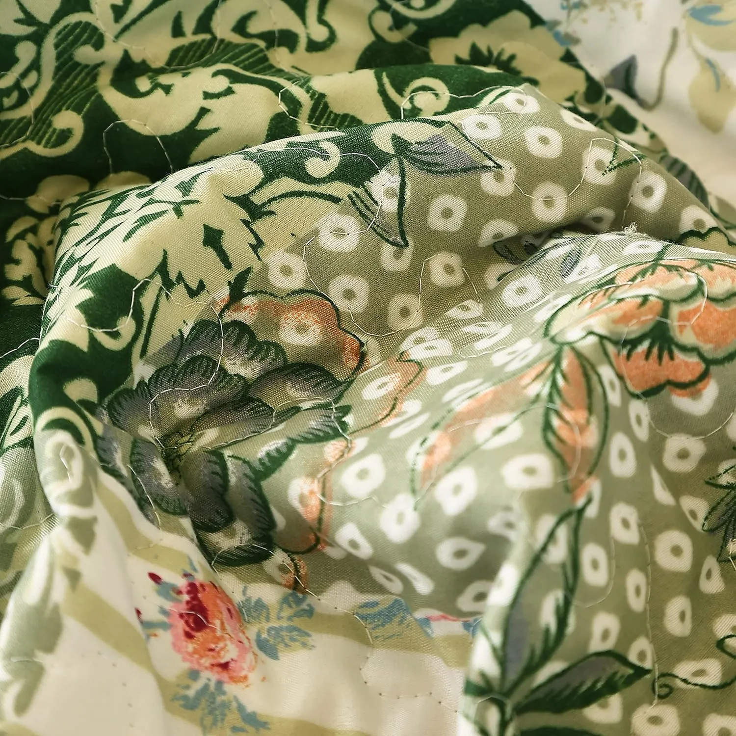Cmfshape Summer Floral King Quilted Bedspread,Romantic Green Quilt Set King,Reversible Stitched Bedding Set All Season,Soft Lightweight Coverlet with Pillow Cases (Green&White, King102 x90)