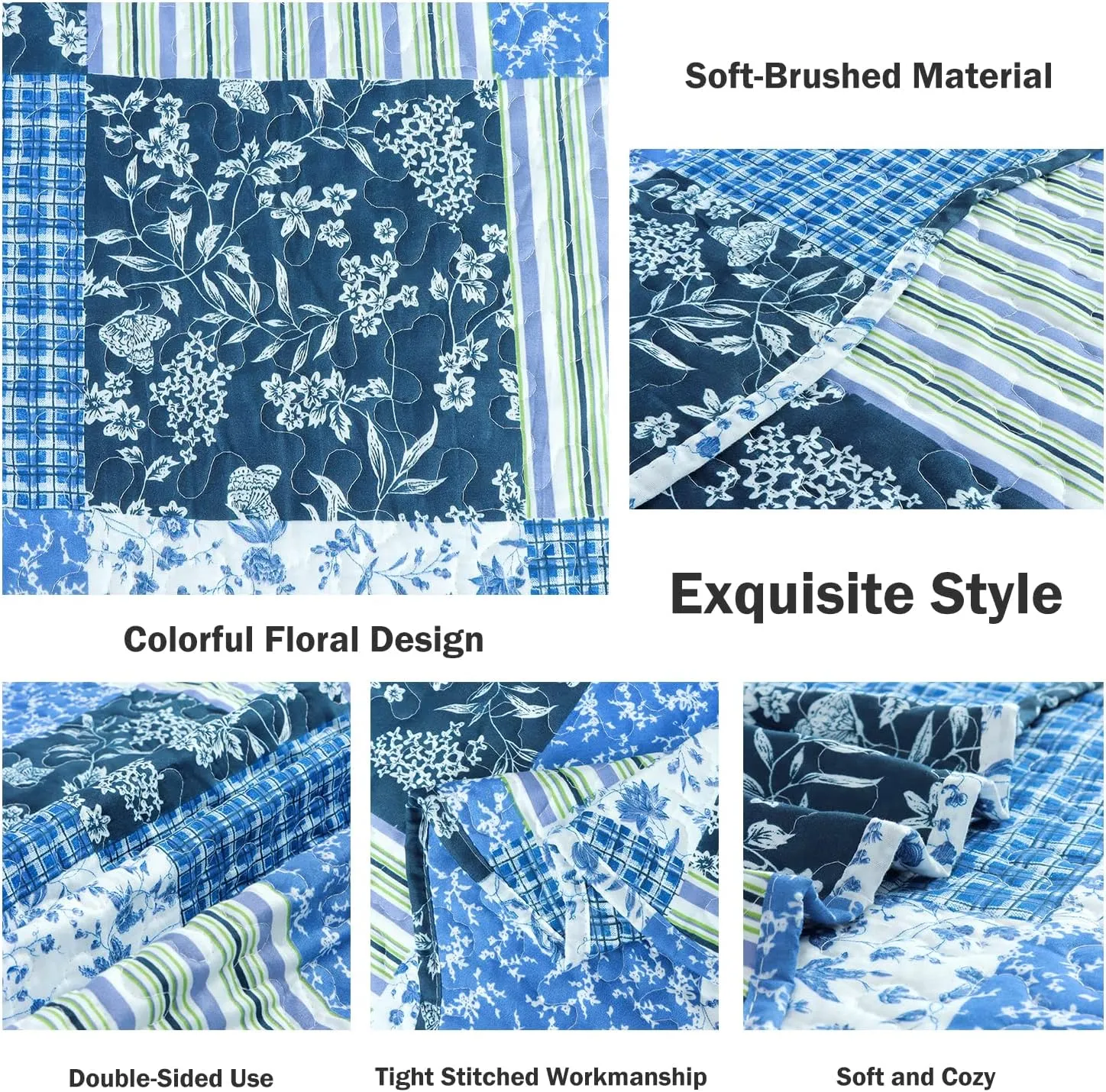 Cmfshape Summer Floral King Quilted Bedspread,Romantic Pink Quilt Set,Reversible Stitched Bedding Cover All Season,Soft Lightweight Coverlet with Pillow Cases (Blue&White, King(102"x90"))