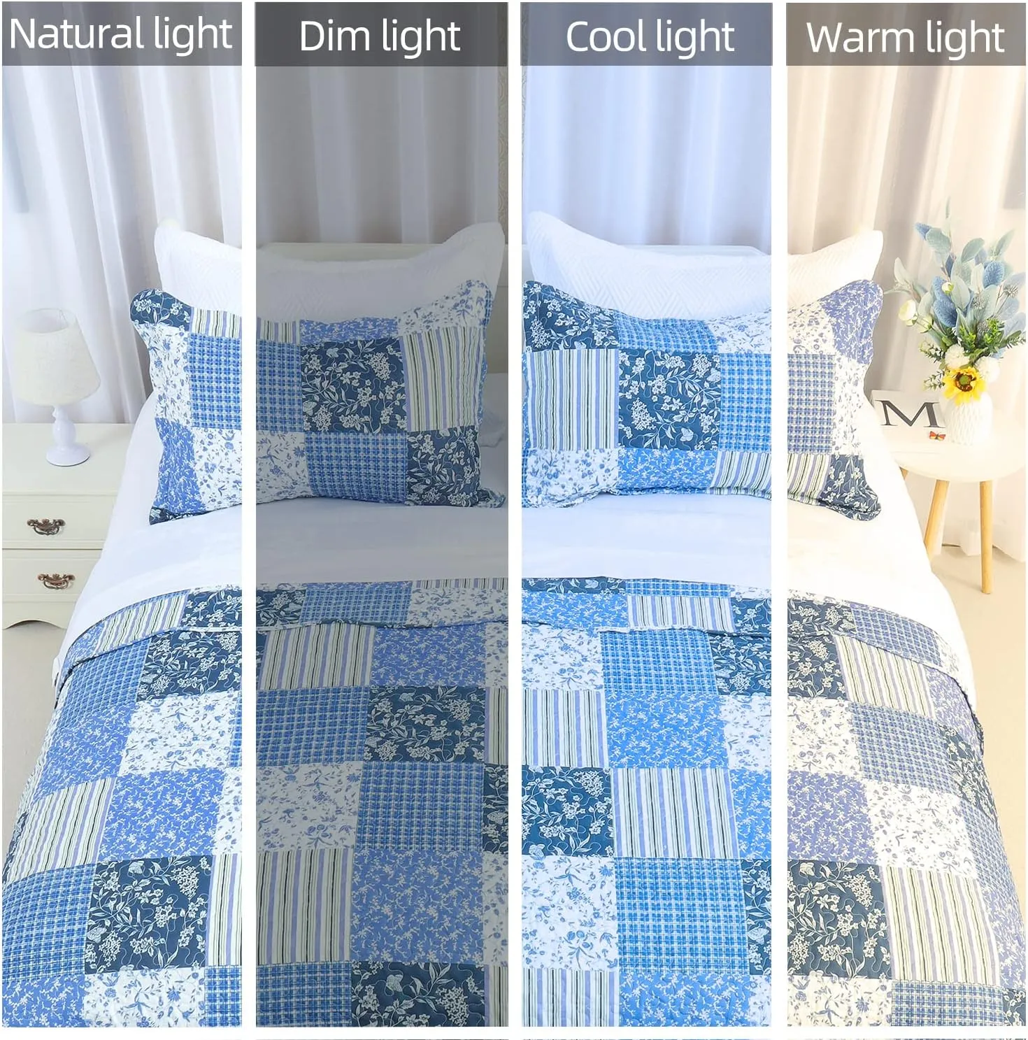Cmfshape Summer Floral King Quilted Bedspread,Romantic Pink Quilt Set,Reversible Stitched Bedding Cover All Season,Soft Lightweight Coverlet with Pillow Cases (Blue&White, King(102"x90"))