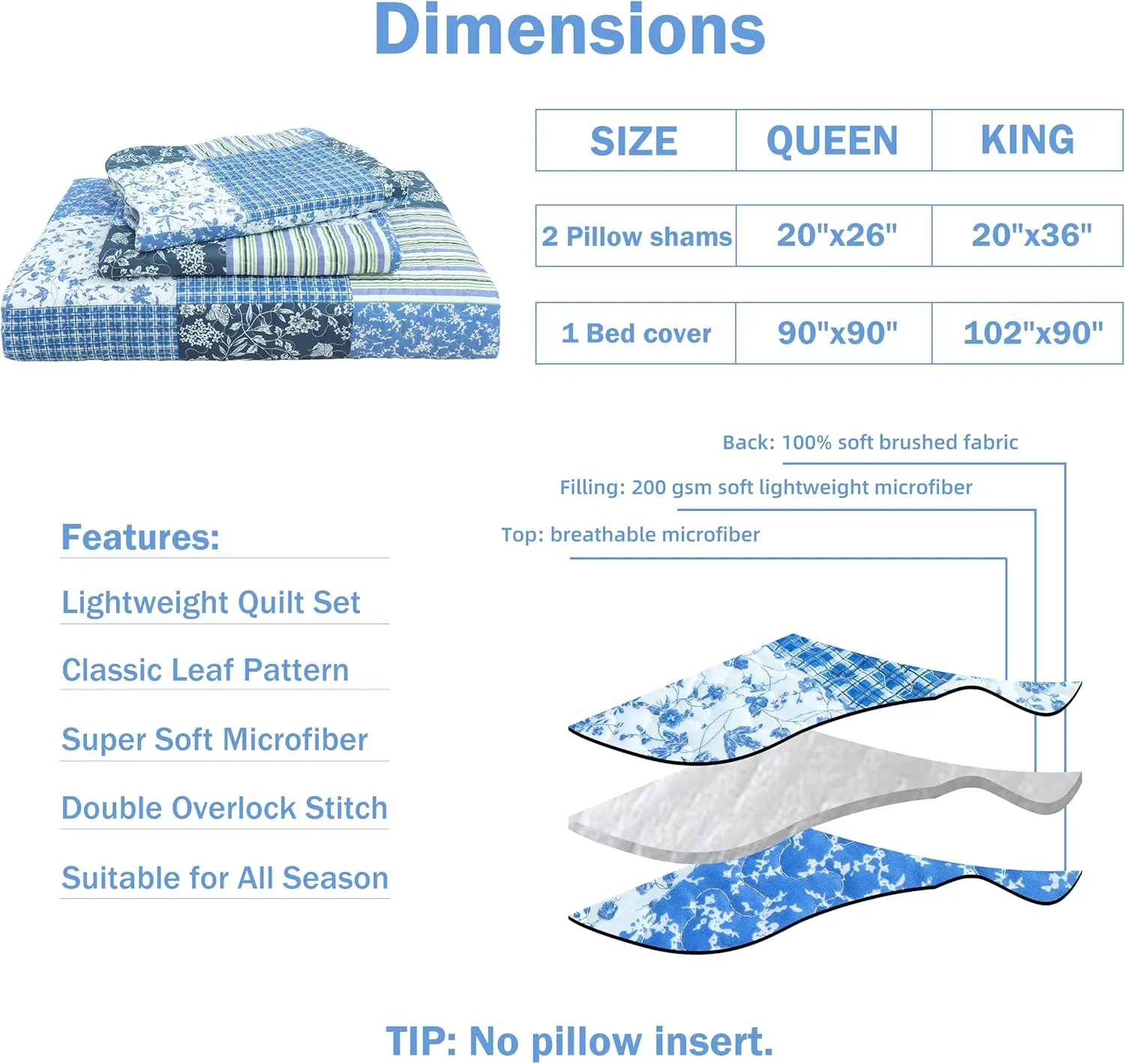 Cmfshape Summer Floral King Quilted Bedspread,Romantic Pink Quilt Set,Reversible Stitched Bedding Cover All Season,Soft Lightweight Coverlet with Pillow Cases (Blue&White, King(102"x90"))