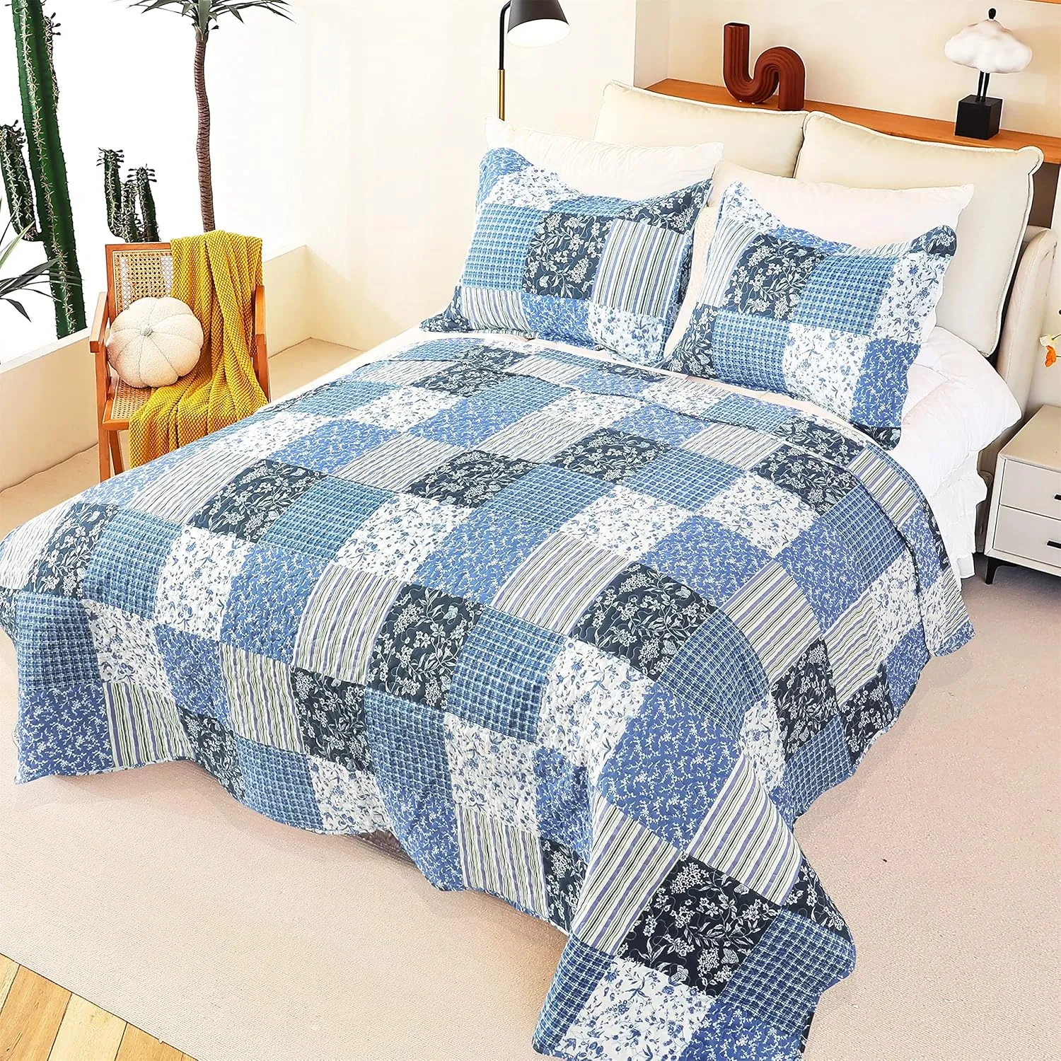 Cmfshape Summer Floral King Quilted Bedspread,Romantic Pink Quilt Set,Reversible Stitched Bedding Cover All Season,Soft Lightweight Coverlet with Pillow Cases (Blue&White, King(102"x90"))