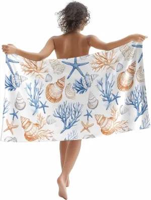 Coastal Coral Microfiber Sandproof Beach Towel for Pool Swimming, Starfish Shell Ocean Marine Life Blue Quick Dry Absorbent Soft Towels for Bath Camping Travel, Lightweight Breathable 30"x60"