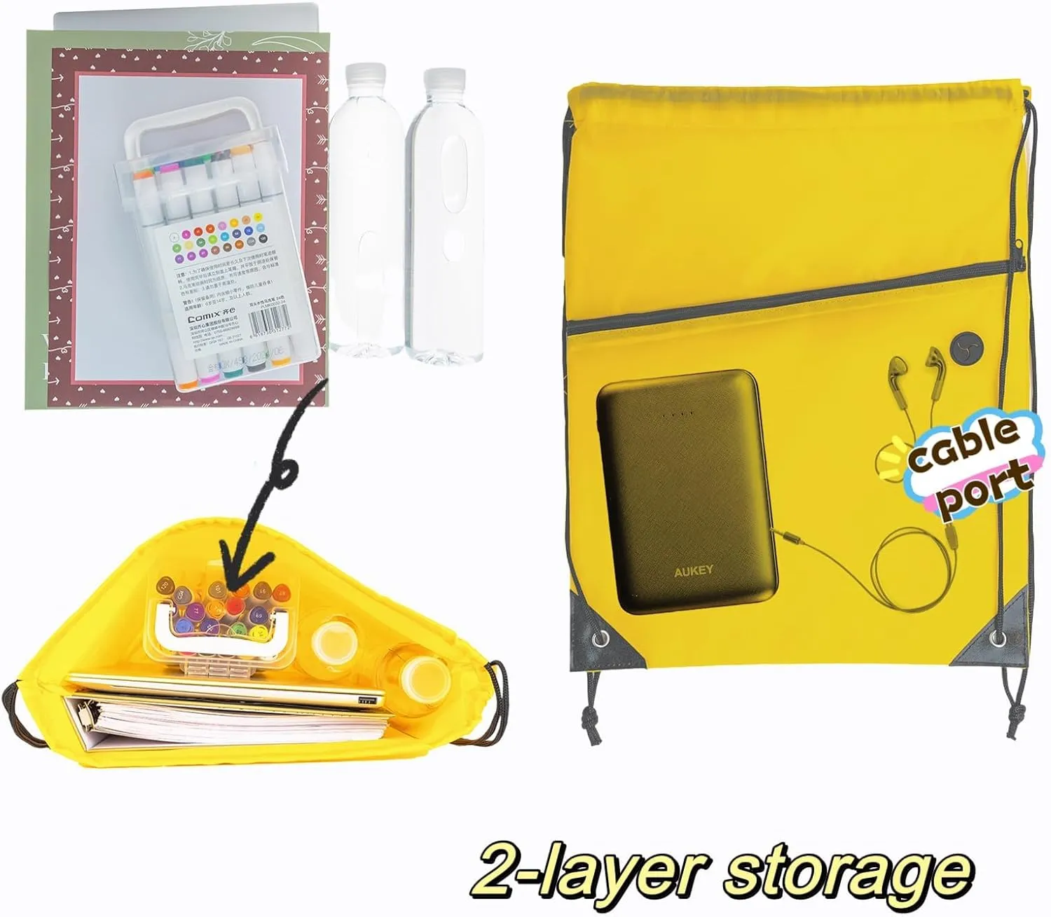 CODOBON Lightweight Drawstring Backpack – Foldable with 2 Compartments & Zip Pocket | Cable Port for Easy Access | Eco-Friendly for Gym, Travel, Everyday Use (20L, Yellow)