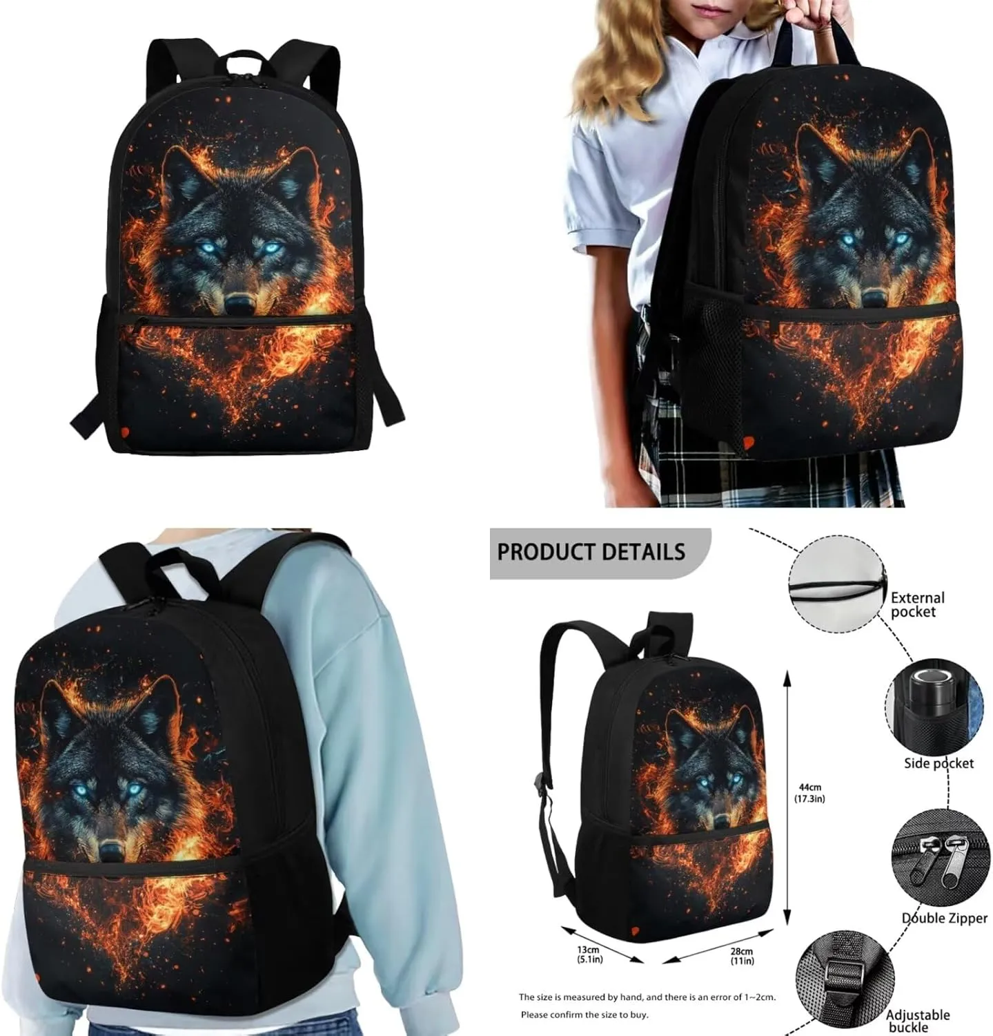 COEQINE Wolf Backpack Set for Middle School Boys Travel Lightweight Shoulder Bag with Padded Resulated Lunch Box with Strap Cool Fire School Bag Set of 4 Large Pencil Box Water Bottle Strap
