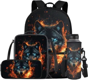 COEQINE Wolf Backpack Set for Middle School Boys Travel Lightweight Shoulder Bag with Padded Resulated Lunch Box with Strap Cool Fire School Bag Set of 4 Large Pencil Box Water Bottle Strap