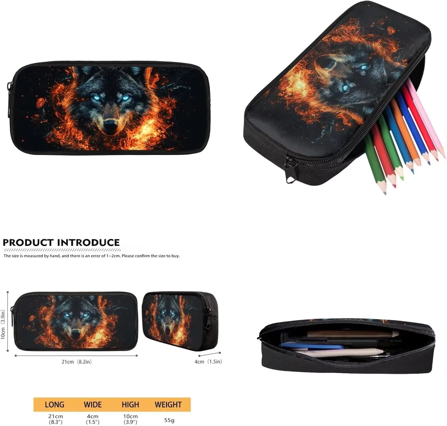 COEQINE Wolf Backpack Set for Middle School Boys Travel Lightweight Shoulder Bag with Padded Resulated Lunch Box with Strap Cool Fire School Bag Set of 4 Large Pencil Box Water Bottle Strap