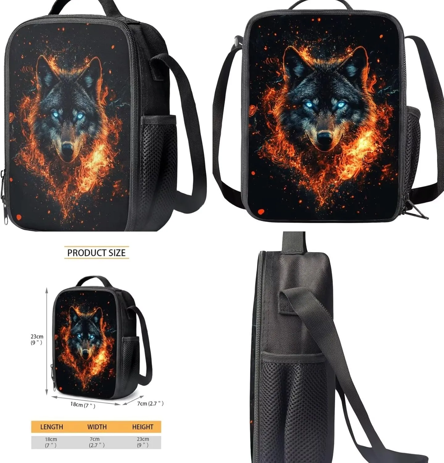 COEQINE Wolf Backpack Set for Middle School Boys Travel Lightweight Shoulder Bag with Padded Resulated Lunch Box with Strap Cool Fire School Bag Set of 4 Large Pencil Box Water Bottle Strap