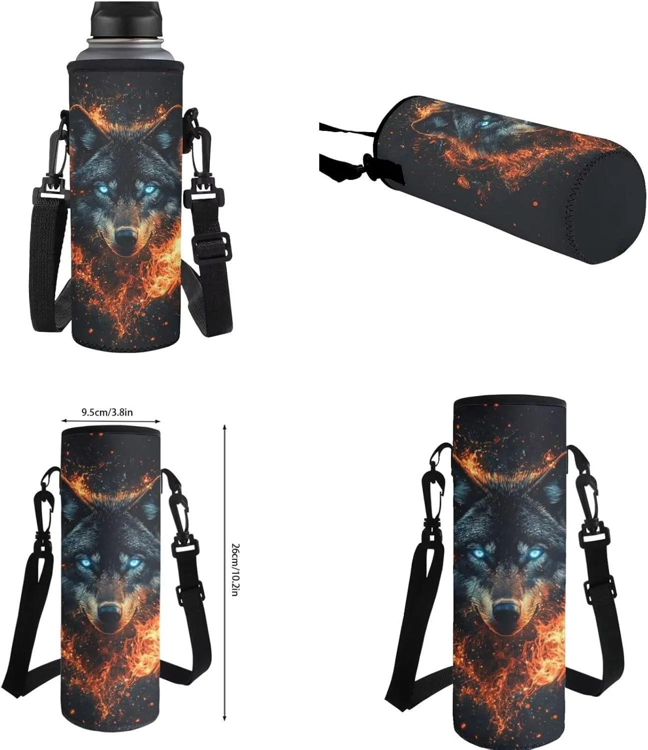 COEQINE Wolf Backpack Set for Middle School Boys Travel Lightweight Shoulder Bag with Padded Resulated Lunch Box with Strap Cool Fire School Bag Set of 4 Large Pencil Box Water Bottle Strap