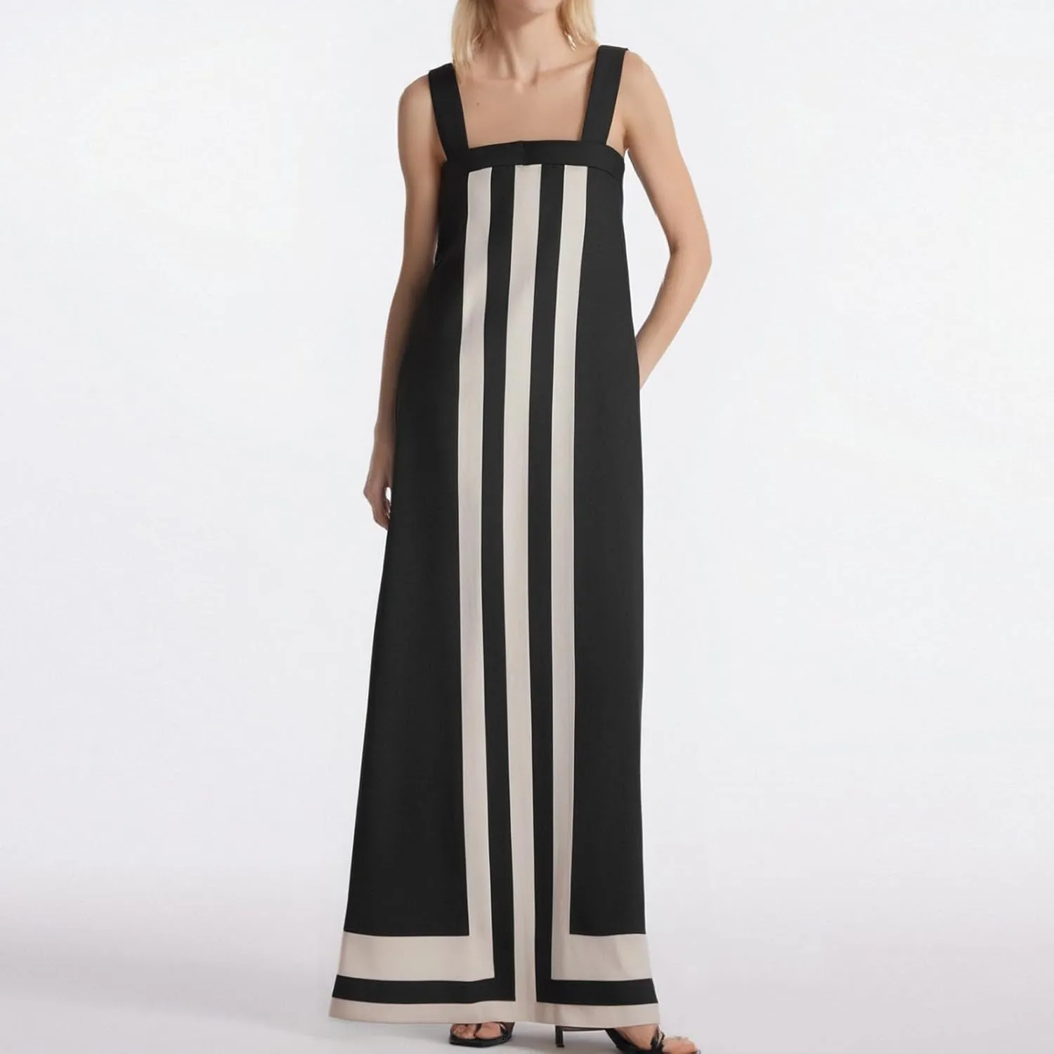Color Block Dress for Women Beach Vacation Linen Summer Maxi Dresses Bohemian Square Neck Long Sundress Overall Dress