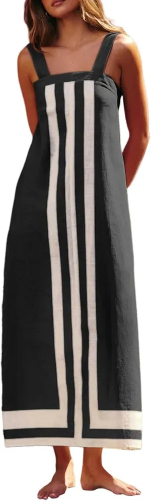 Color Block Dress for Women Beach Vacation Linen Summer Maxi Dresses Bohemian Square Neck Long Sundress Overall Dress