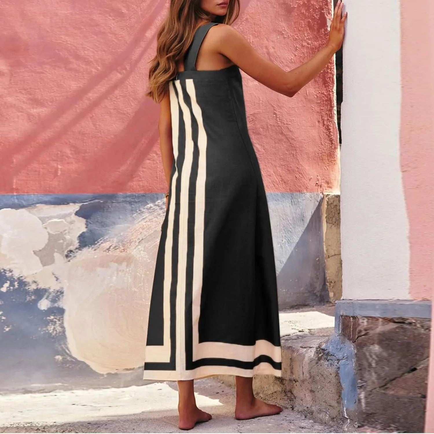 Color Block Dress for Women Beach Vacation Linen Summer Maxi Dresses Bohemian Square Neck Long Sundress Overall Dress