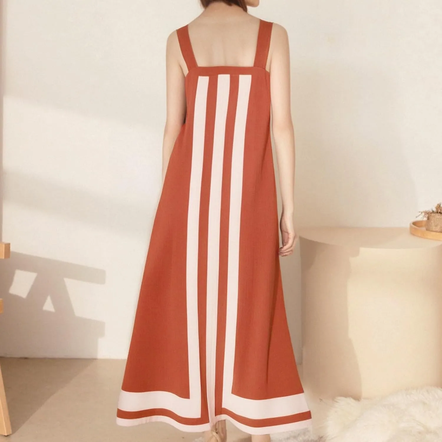 Color Block Dress for Women Beach Vacation Linen Summer Maxi Dresses Bohemian Square Neck Long Sundress Overall Dress