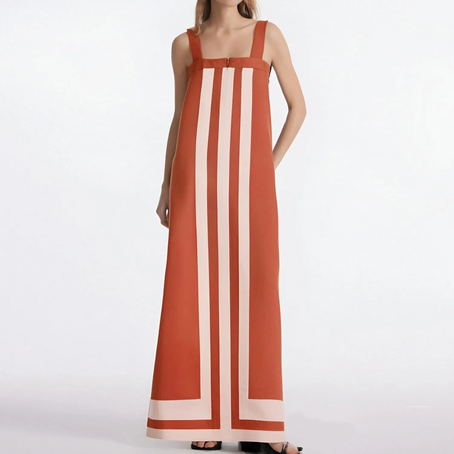 Color Block Dress for Women Beach Vacation Linen Summer Maxi Dresses Bohemian Square Neck Long Sundress Overall Dress