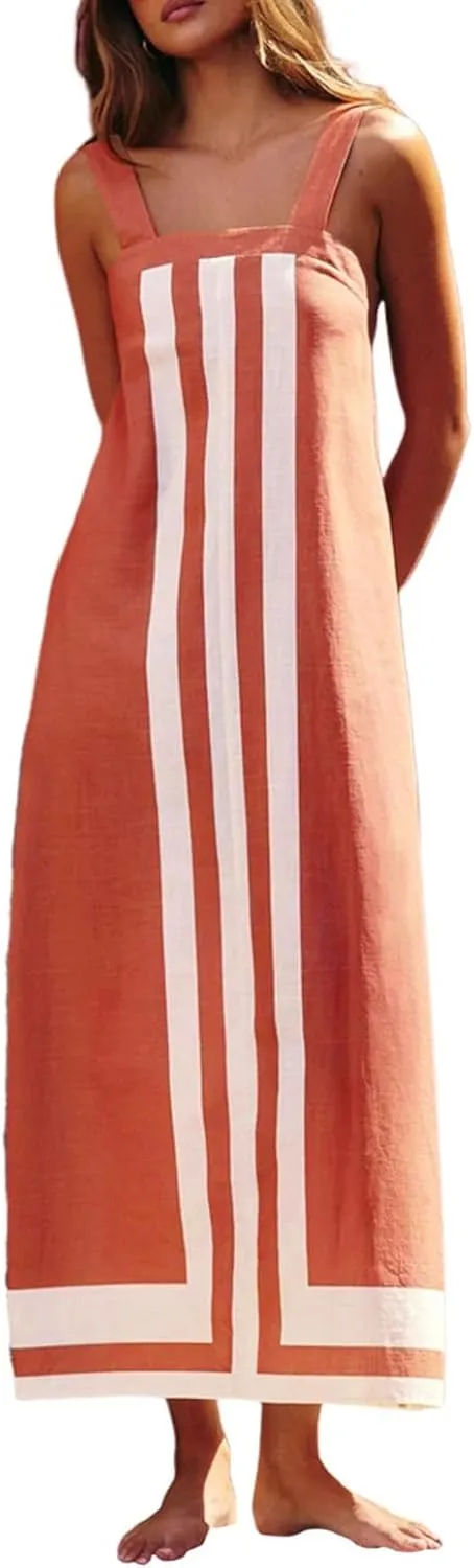 Color Block Dress for Women Beach Vacation Linen Summer Maxi Dresses Bohemian Square Neck Long Sundress Overall Dress