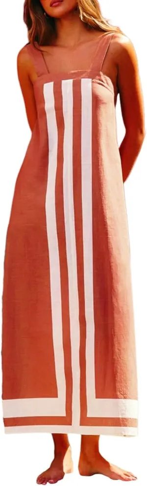 Color Block Dress for Women Beach Vacation Linen Summer Maxi Dresses Bohemian Square Neck Long Sundress Overall Dress