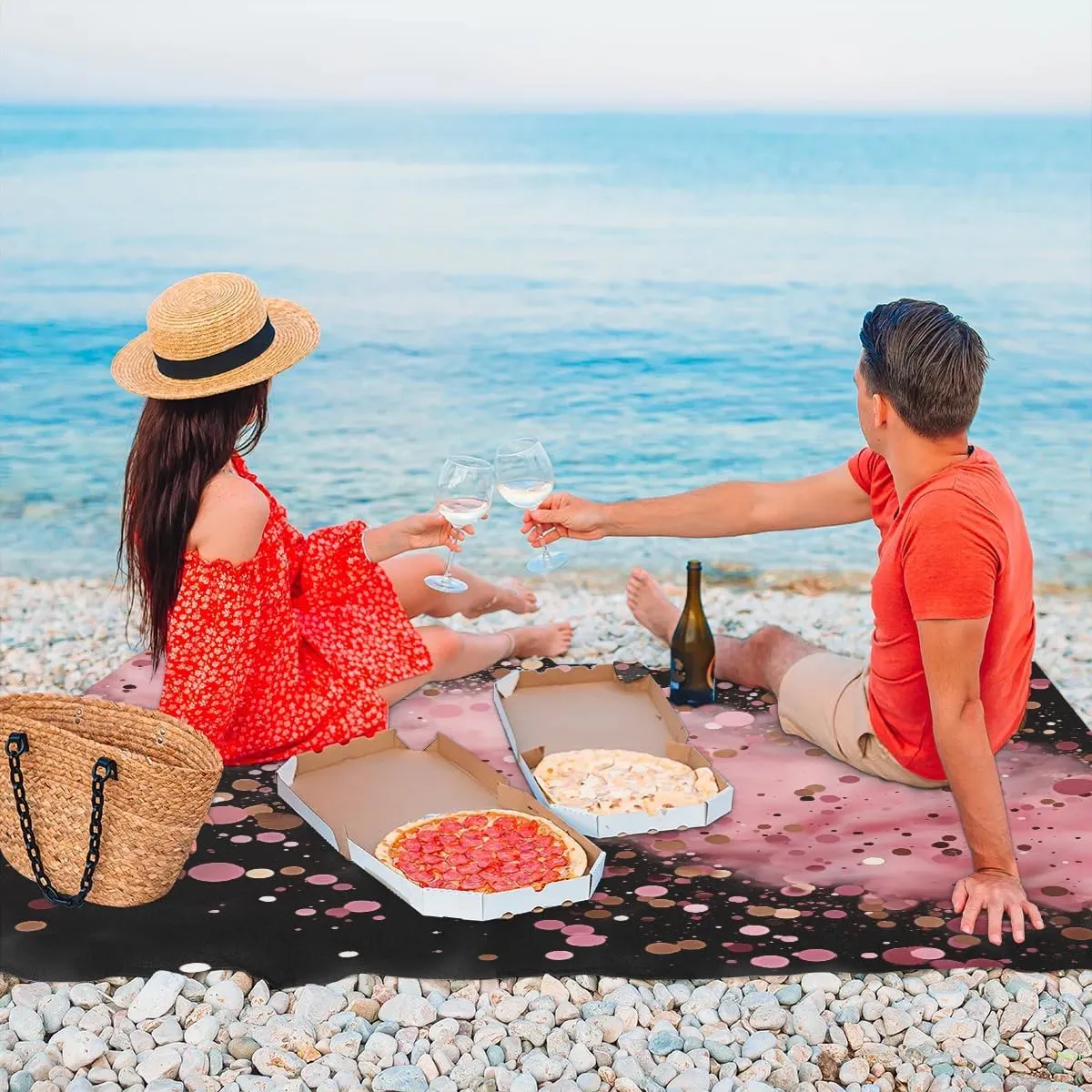 Color Dots Beach Blanket, Sandproof Beach Mat, 68 x 59 Waterproof Quick Drying Sand Free Mat with 4 x Ground Spikes for Outdoor Travel Camping Hiking, Sequins