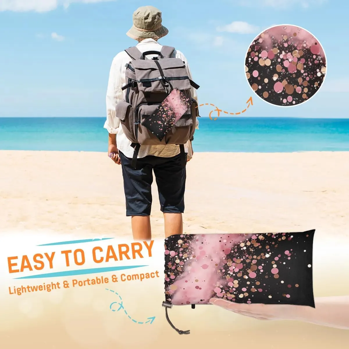 Color Dots Beach Blanket, Sandproof Beach Mat, 68 x 59 Waterproof Quick Drying Sand Free Mat with 4 x Ground Spikes for Outdoor Travel Camping Hiking, Sequins
