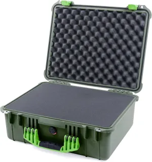ColorCase Pelican 1550 Case OD Green - Medium Size Waterproof Case with Pick & Pluck Foam Set & Convoluted Lid Foam - Lime Green Handles & Latches