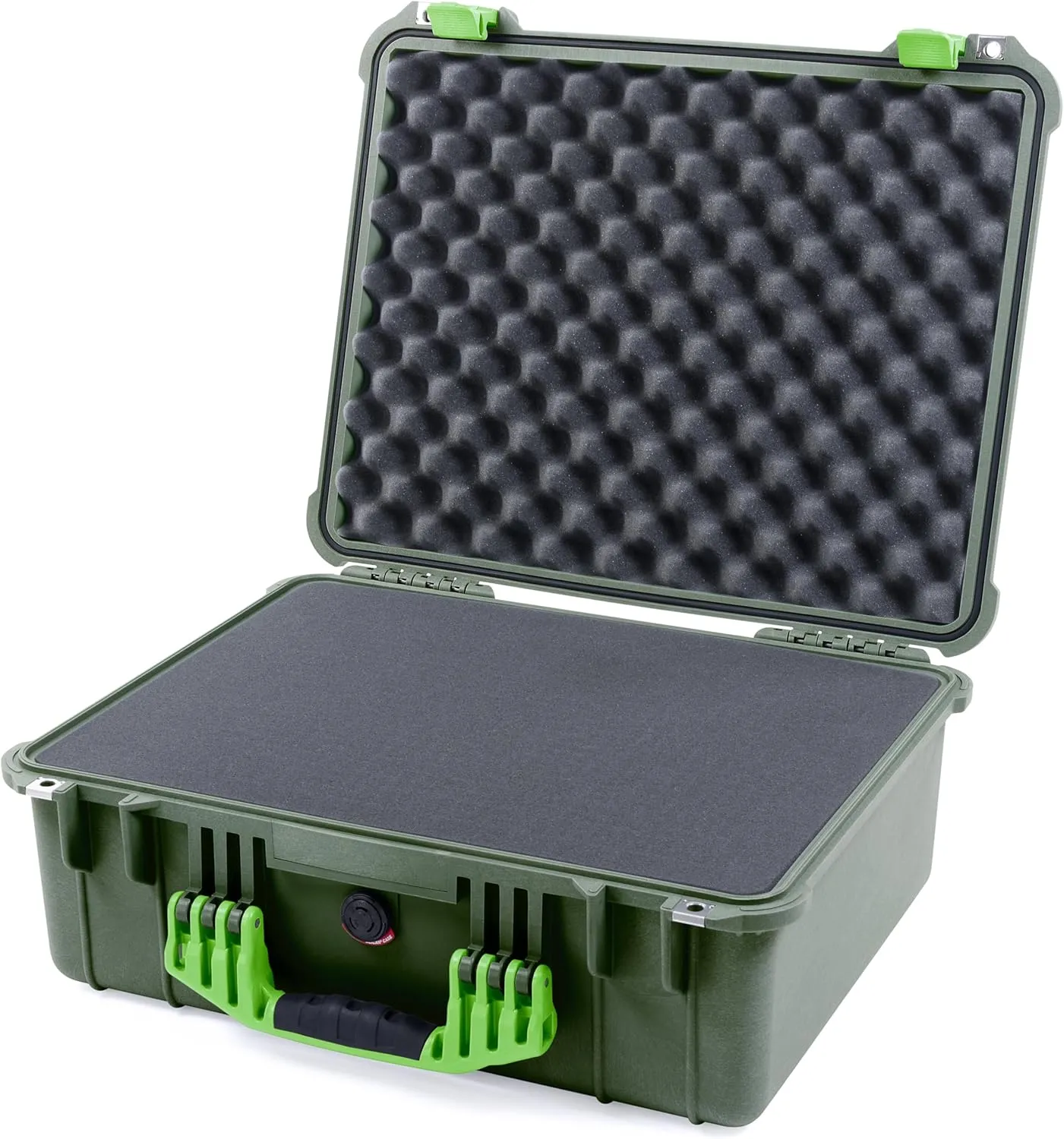 ColorCase Pelican 1550 Case OD Green - Medium Size Waterproof Case with Pick & Pluck Foam Set & Convoluted Lid Foam - Lime Green Handles & Latches