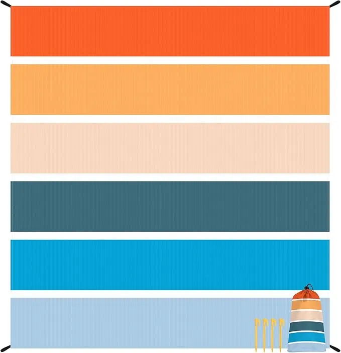 Colorful Beach Blanket Sandfroof, 78”x 86” Large Waterproof Beach Mat Sand Free w/ 4 Stakes for 1-6 People, Big Compact Foldable Picnic Pockets Blanket for Travel, Camping, Hiking - Thick Stripes