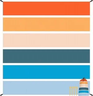 Colorful Beach Blanket Sandfroof, 78”x 86” Large Waterproof Beach Mat Sand Free w/ 4 Stakes for 1-6 People, Big Compact Foldable Picnic Pockets Blanket for Travel, Camping, Hiking - Thick Stripes