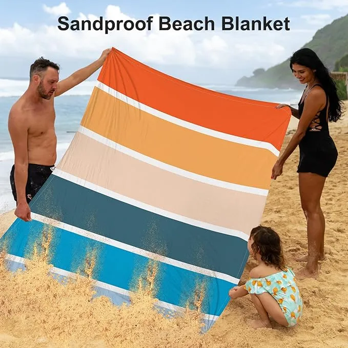 Colorful Beach Blanket Sandfroof, 78”x 86” Large Waterproof Beach Mat Sand Free w/ 4 Stakes for 1-6 People, Big Compact Foldable Picnic Pockets Blanket for Travel, Camping, Hiking - Thick Stripes