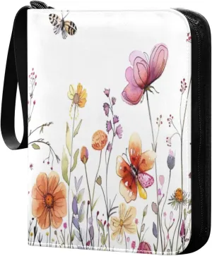 Colorful Botanical Card Binder 4-Pocket, 400 Pockets PU Waterproof Zippered Collector Card Album with 50 Removable Sleeves for Trading, Game Cards