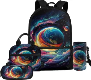 Colorful Cloud Planet Backpack Set with Lunchbox Versatile School Backpack for Boys 4 Pieces Boys School Bags for Elementary School Travel Casual Rucksack