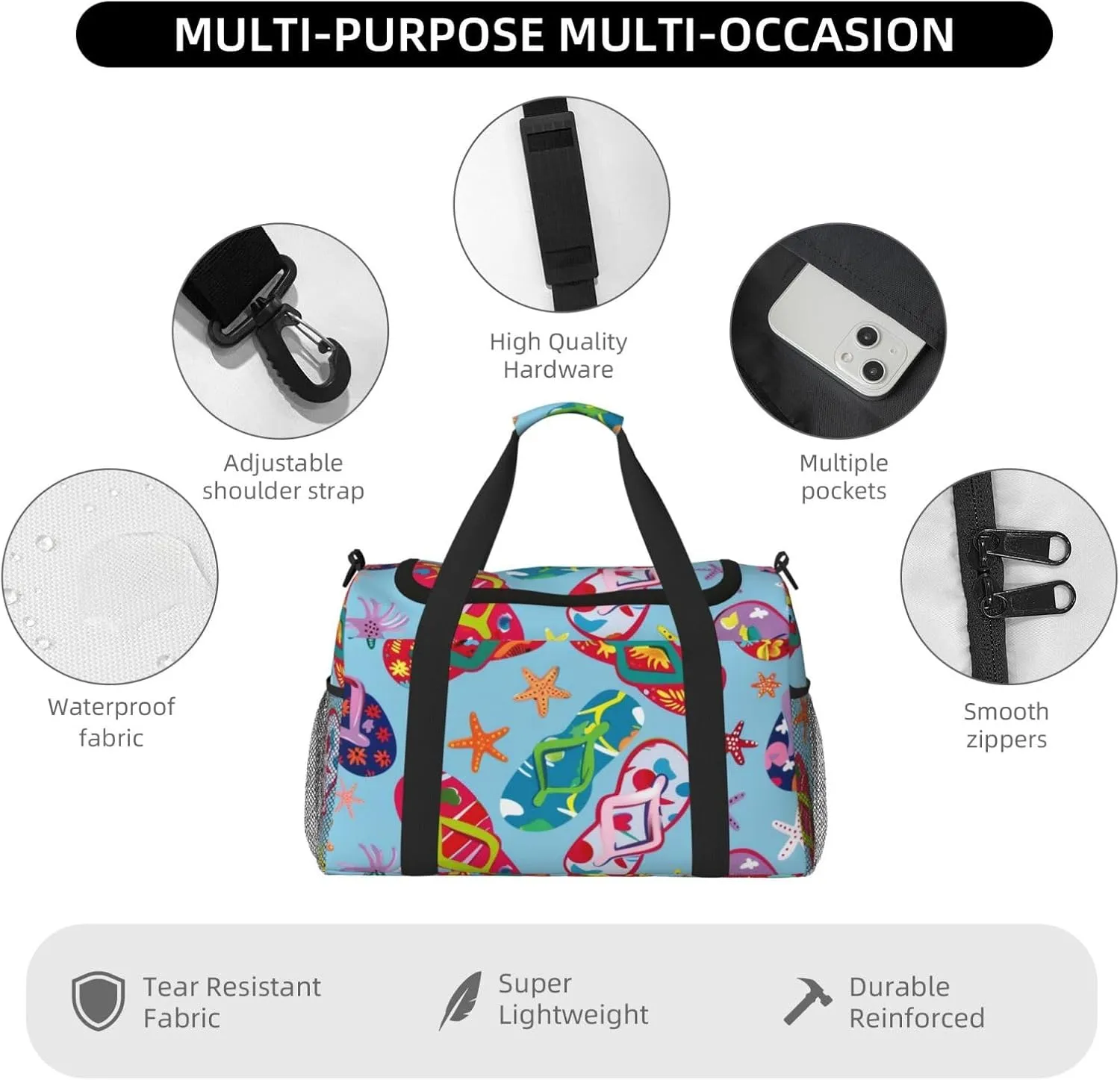 Colorful Flip-Flop Starfish Duffle Bag Foldable Travel Tote Bag Carry On Large Weekender Overnight Bags Waterproof Gym Bag For Women Men