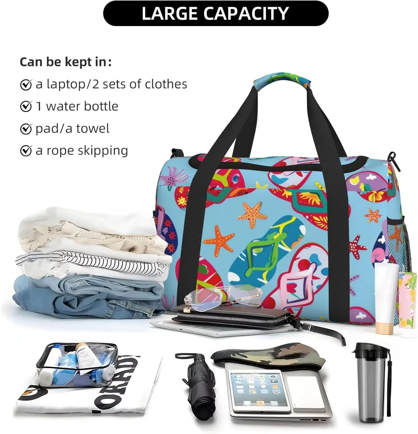 Colorful Flip-Flop Starfish Duffle Bag Foldable Travel Tote Bag Carry On Large Weekender Overnight Bags Waterproof Gym Bag For Women Men