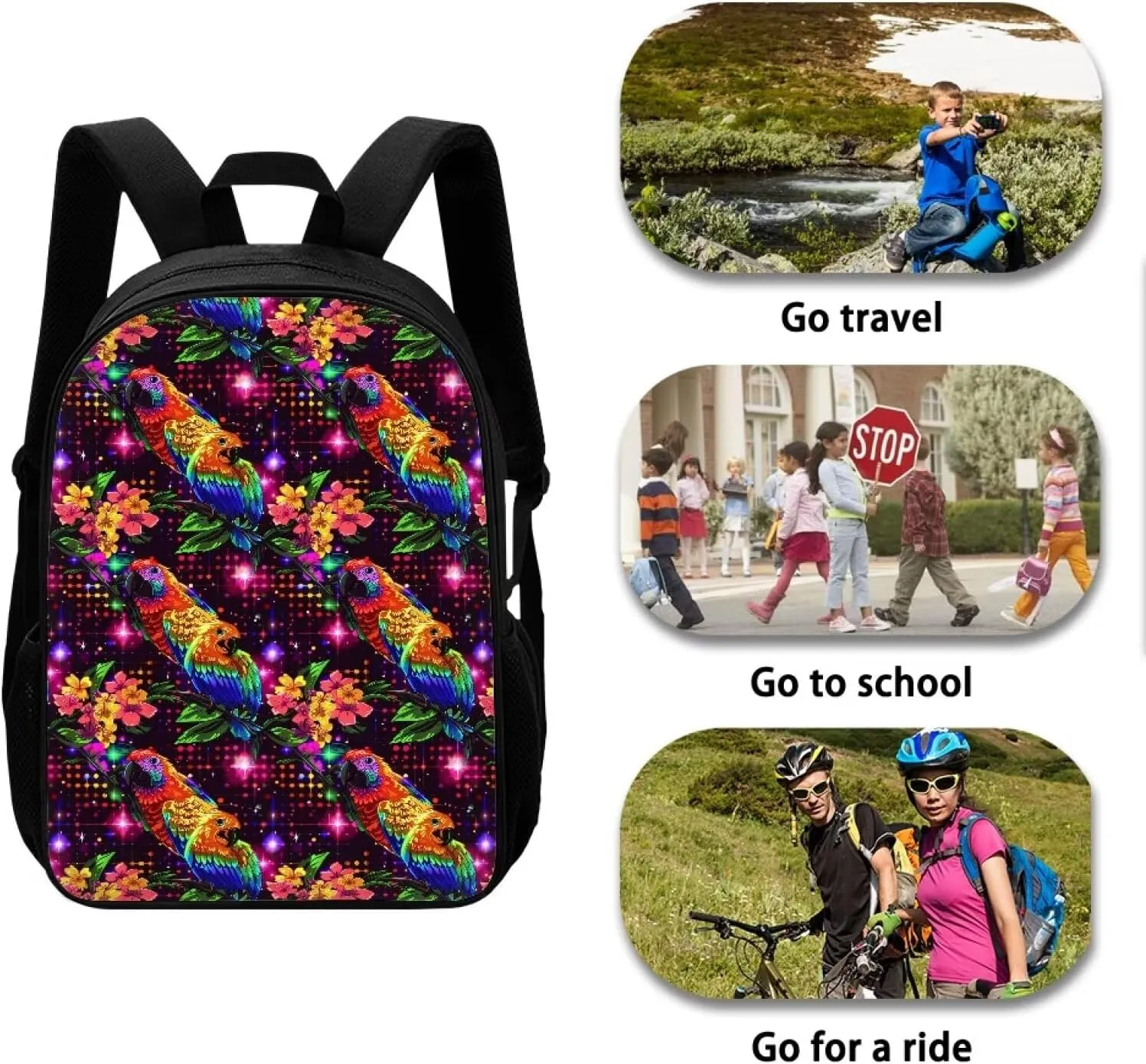 Colorful Floral Parrot Print Trendy Pixel Print 17 Inch School Backpack，for Laptops Notebooks & Daily Essentials，for Teenager Girls Boys