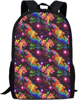 Colorful Floral Parrot Print Trendy Pixel Print 17 Inch School Backpack，for Laptops Notebooks & Daily Essentials，for Teenager Girls Boys