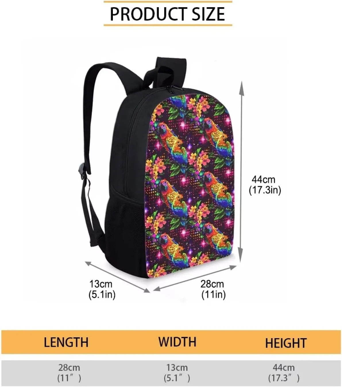 Colorful Floral Parrot Print Trendy Pixel Print 17 Inch School Backpack，for Laptops Notebooks & Daily Essentials，for Teenager Girls Boys