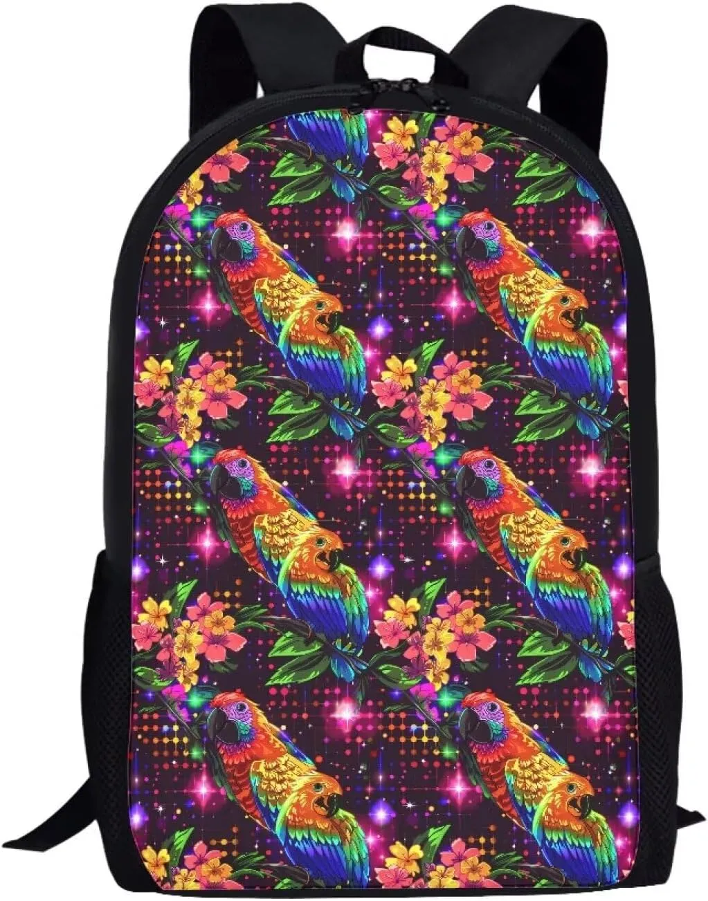 Colorful Floral Parrot Print Trendy Pixel Print 17 Inch School Backpack，for Laptops Notebooks & Daily Essentials，for Teenager Girls Boys