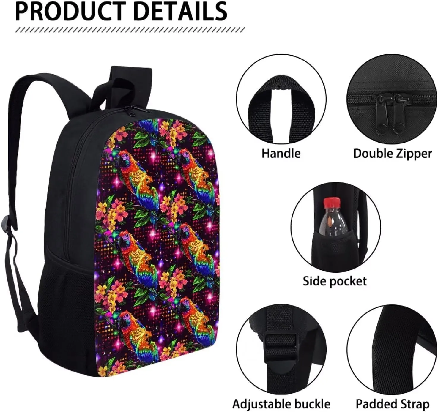 Colorful Floral Parrot Print Trendy Pixel Print 17 Inch School Backpack，for Laptops Notebooks & Daily Essentials，for Teenager Girls Boys
