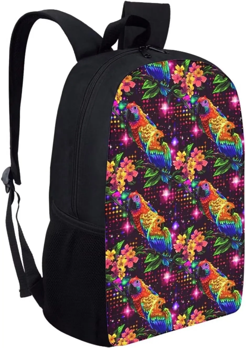 Colorful Floral Parrot Print Trendy Pixel Print 17 Inch School Backpack，for Laptops Notebooks & Daily Essentials，for Teenager Girls Boys
