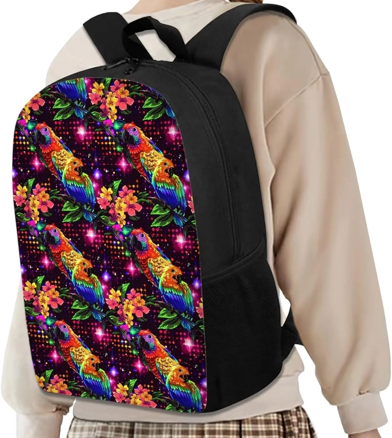 Colorful Floral Parrot Print Trendy Pixel Print 17 Inch School Backpack，for Laptops Notebooks & Daily Essentials，for Teenager Girls Boys