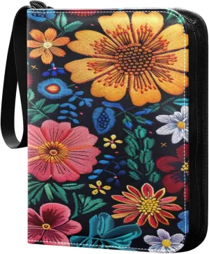 Colorful Flowers Card Binder 4-Pocket, 400 Pockets PU Waterproof Zippered Collector Card Album with 50 Removable Sleeves for Trading, Game Cards