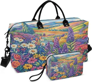 Colorful Flowers Meadow Sports Gym Bag for Women Men Travel Duffel Bag Weekend Overnight Carry on Bag with Toiletry Bag Hospital Bag for Swimming Yoga Workout Plane Hospital