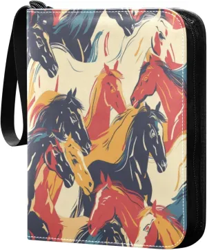 Colorful Horse Card Binder 4-Pocket, 400 Pockets PU Waterproof Zippered Collector Card Album with 50 Removable Sleeves for Trading, Game Cards