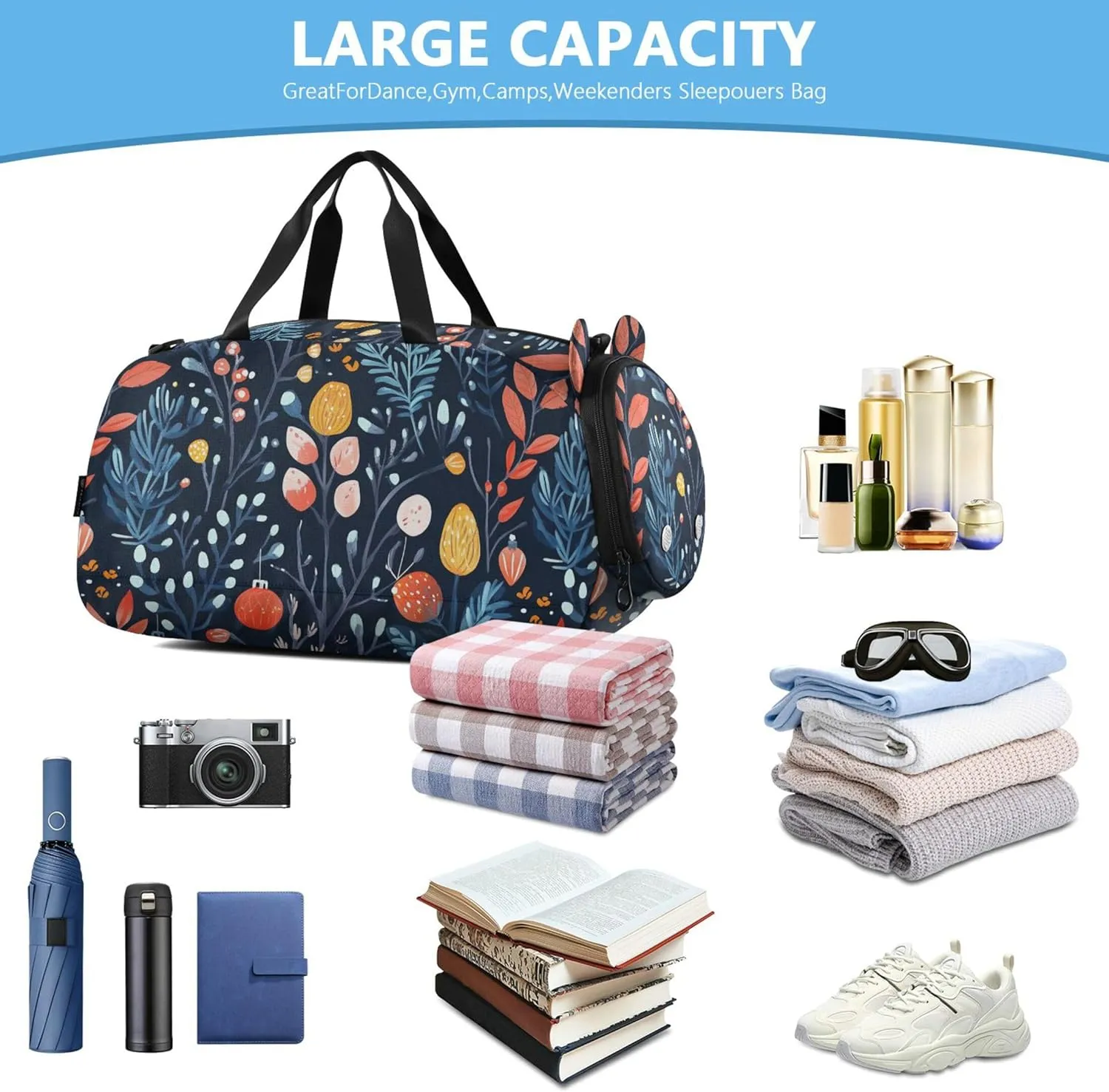 Colorful Leaves Duffel Bag with Shoes Compartment Large Capacity Kids Overnight Duffel Bag for School Practice, Sports, Travel