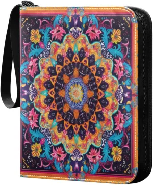 Colorful Mandala Card Binder 4-Pocket, 400 Pockets PU Waterproof Zippered Collector Card Album with 50 Removable Sleeves for Trading, Game Cards