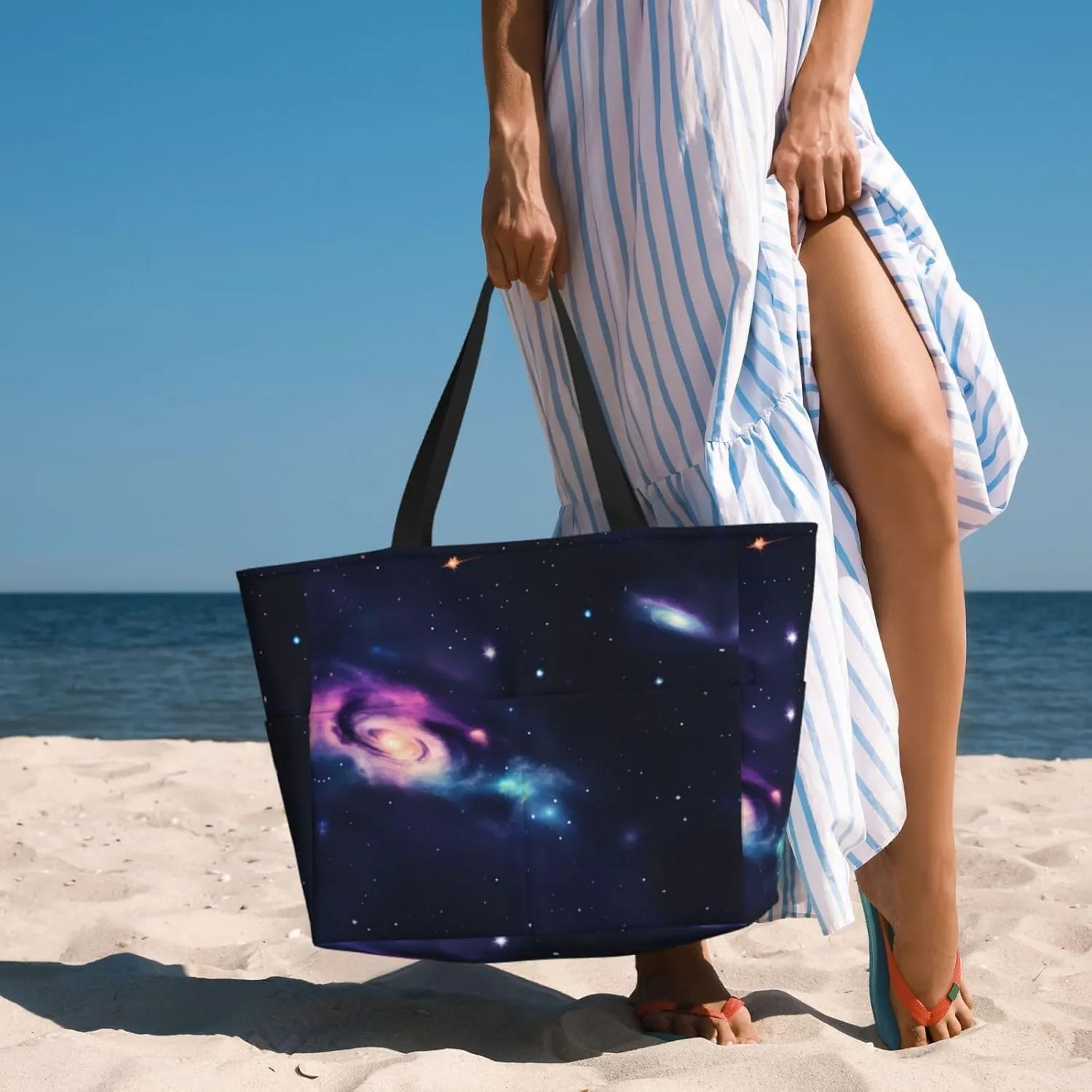 Colorful Rainbow Stars Large Capacity Beach Travel Bag - Waterproof Zipper Vacation Tote for Sandproof Storage, and Camping