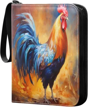 Colorful Rooster Card Binder 4-Pocket, 400 Pockets PU Waterproof Zippered Collector Card Album with 50 Removable Sleeves for Trading, Game Cards