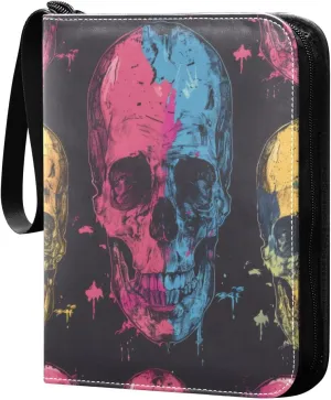 Colorful Skull Head Card Binder 4-Pocket, 400 Pockets PU Waterproof Zippered Collector Card Album with 50 Removable Sleeves for Trading, Game Cards
