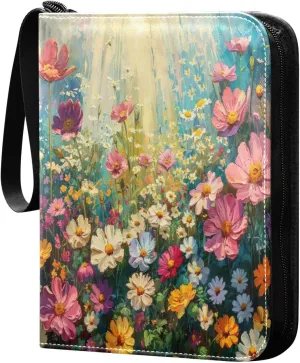 Colorful Wildflowers Card Binder 4-Pocket, 400 Pockets PU Waterproof Zippered Collector Card Album with 50 Removable Sleeves for Trading, Game Cards